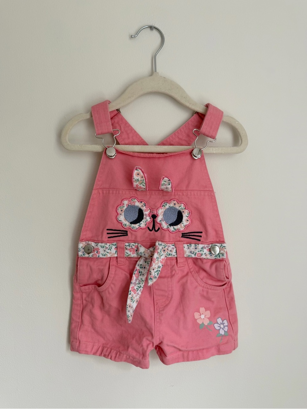 Adorable Pink Floral Cat Shortall Overalls (Size 2T)